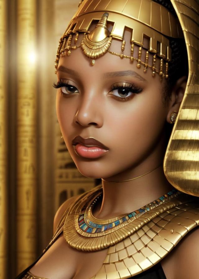 Artificial Intelligence (AI) generated image art, ..., Intense close-up of a young and fresh, Egyptian queen cleopatra , dressed in an elegant dress with jewelry, determination and grit in sharp focus, eyes blazing with determination. Serenity, Determination, Survival, George Miller Style.