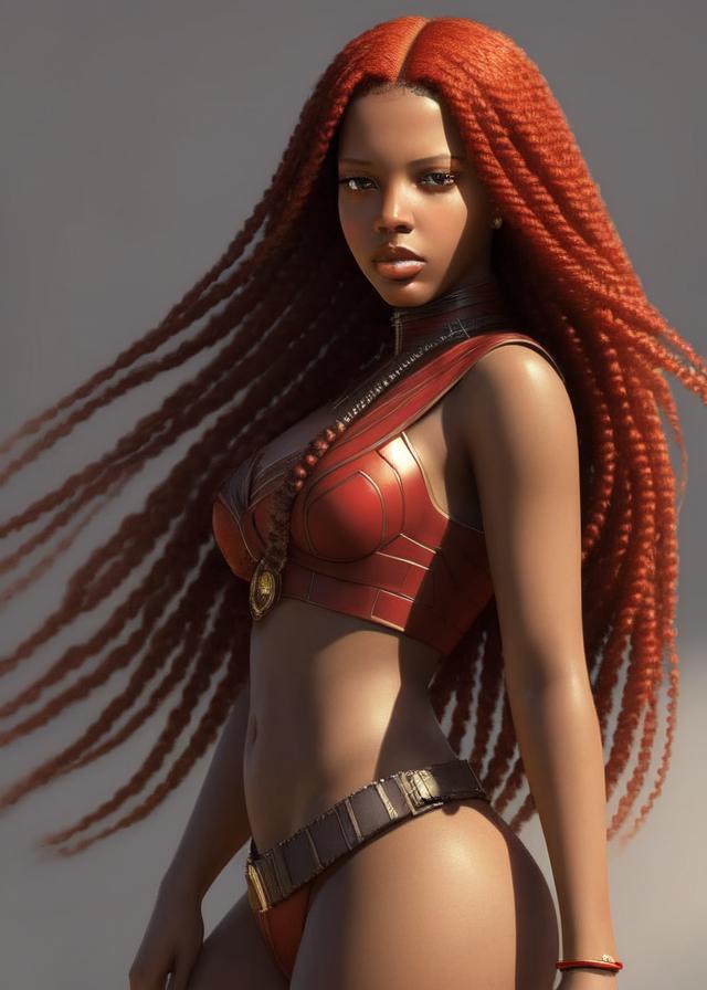 Artificial Intelligence (AI) generated image art, ... with brown skin, as red hood with long hair, ((portrait)), elegant, photorealistic, highly detailed, artstation, smooth, grey and red ornaments, smooth lighting, sci-fi, art by Klimt