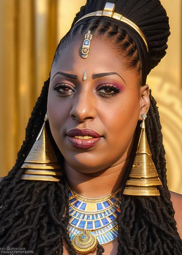 Artificial Intelligence (AI) generated image art, ..., ..., Intense close-up of a young and fresh, Egyptian queen cleopatra , dressed in an elegant dress with jewelry, determination and grit in sharp focus, eyes blazing with determination. Serenity, Determination, Survival, George Miller Style.