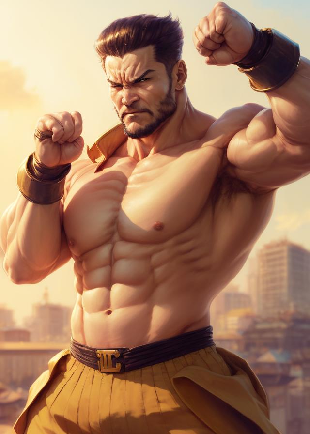 Artificial Intelligence (AI) generated image art, An anime portrait of (...) as Sagat from street fighter, by Stanley Artgerm Lau, WLOP, Rossdraws, James Jean, Andrei Riabovitchev, Marc Simonetti, and Sakimichan, highly detailed, ultra detailed, golden hour, trending on artstation, cgstudio