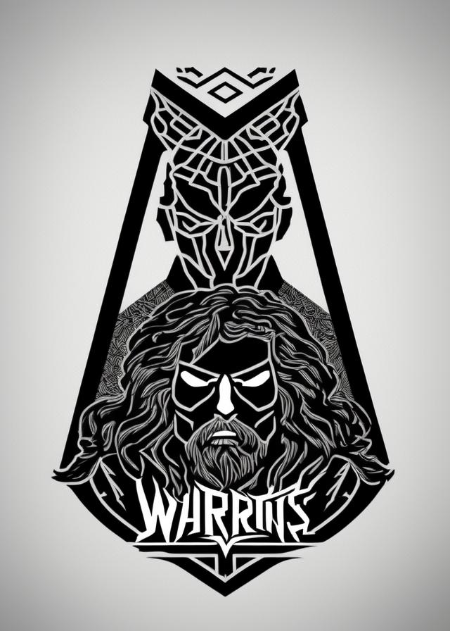 Artificial Intelligence (AI) generated image art, ..., high quality logo of a warriors, more detailing, made in black metal, geometry, vector, symmetry, realism, ray tracing, black and white, logo design