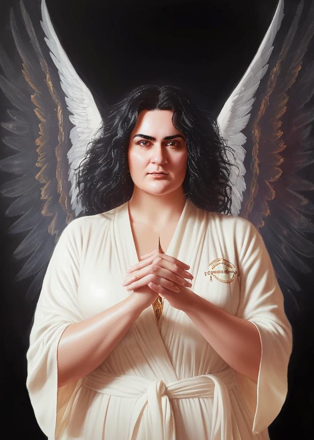 Artificial Intelligence (AI) generated image art, ... as an angel in robes, portrait, art by greg rutkowski, beautiful clear face, two symmetrical wings, 8k, feminine, four fingers and a thumb on each hand