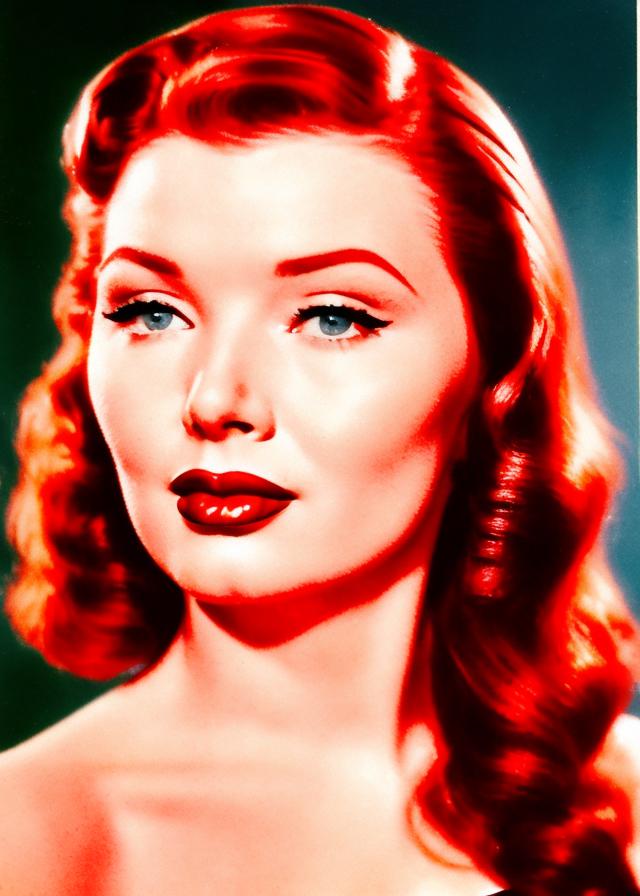 Artificial Intelligence (AI) generated image art, ..., film portrait, woman with auburn hair, ((technicolor)), ((film photography)), ((old hollywood)), ((1940s)), ((movie star)), ((red lipstick))