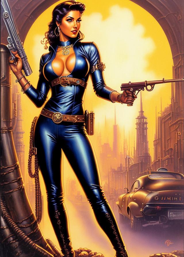 Artificial Intelligence (AI) generated image art, (classic fantasy pulp book cover art), (...) looking in steampunk industrialized street, art by Boris Vallejo, 80s fantasy art, portrait, city street, ((holding sawed off shotgun))