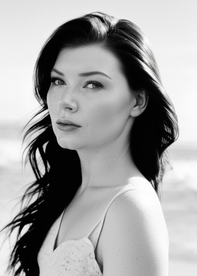 Artificial Intelligence (AI) generated image art, ..., closeup, woman with auburn hair, (3/4 profile of face), looking far off into distance, (85 mm lens), (black and white photography), (film photography), gaussian blur, beach background, soft lighting