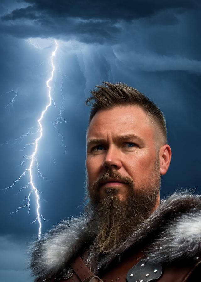 Artificial Intelligence (AI) generated image art, ..., as viking warrior with lightning storm in background, ultra detailed, realistic, portrait