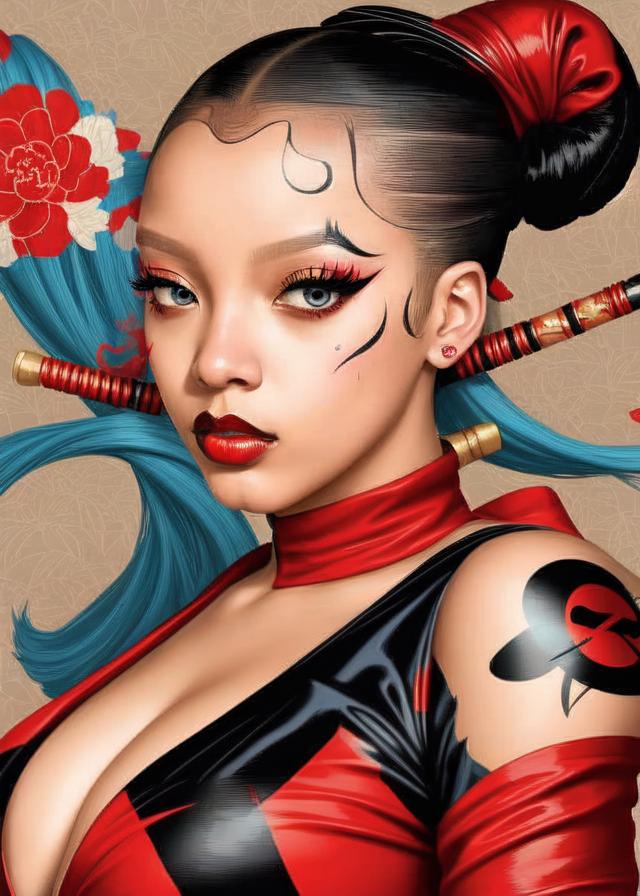 Artificial Intelligence (AI) generated image art, ... as harley quinn, in ukiyo-e style, portrait