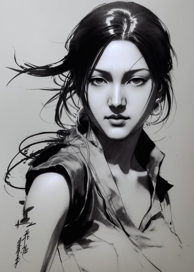 Artificial Intelligence (AI) generated image art, (beautiful), feminine ..., yoji shinkawa, b&w, pencil drawing, ink, manga, concept art