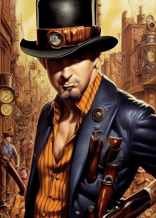 Artificial Intelligence (AI) generated image art, ..., (classic fantasy pulp book cover art), looking in steampunk industrialized street (((wearing bowler hat))), art by Boris Vallejo, 80s fantasy art, portrait, city street, ((holding sawed off shotgun))
