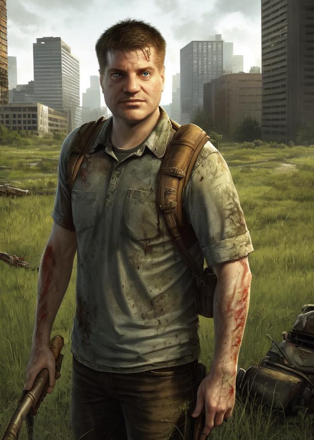 Artificial Intelligence (AI) generated image art, ..., portrait, in the style of \"The Last of Us,\" in a post-apocalyptic world, overgrown grass, cityscape