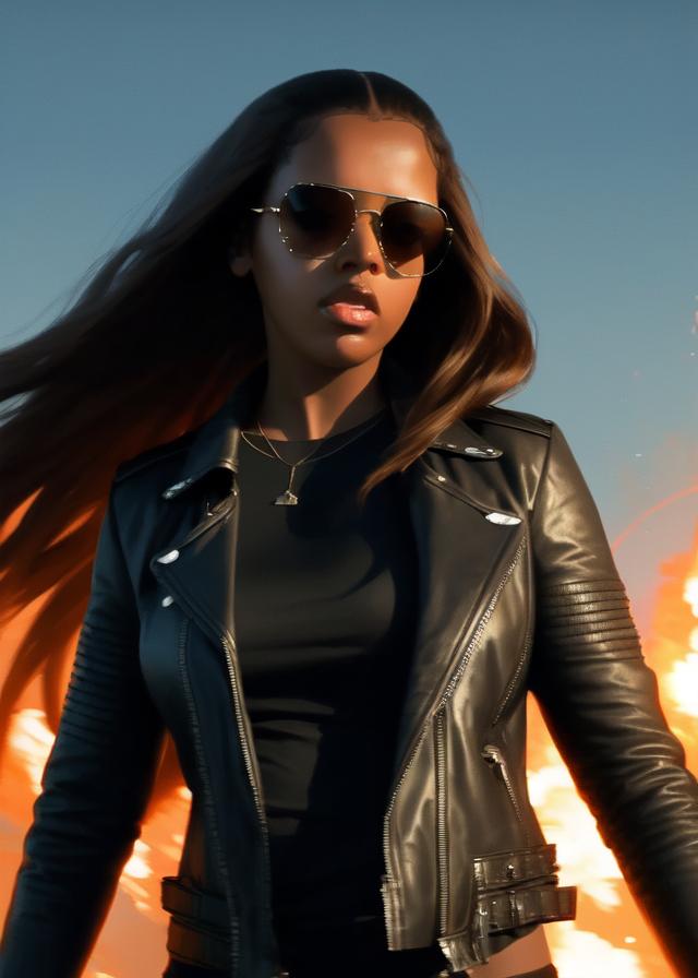 Artificial Intelligence (AI) generated image art, ... with long hair and brown skin, sunglasses, leather jacket, (explosions),art by greg rutkowski, cinematic lighting, 8k, sharp focus, highly detailed, contrast