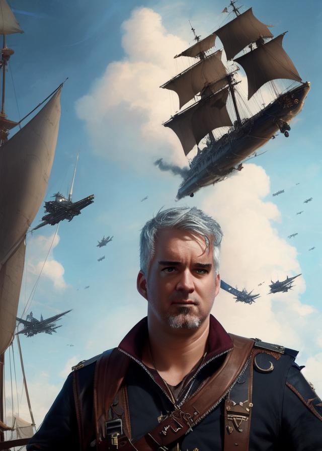 Artificial Intelligence (AI) generated image art, ... as a sky pirate, portrait, sky background, flying ship, epic, cinematic lighting, 4k, sharp focus, art by greg rutkowski