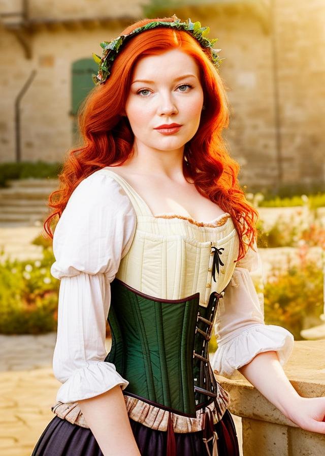Artificial Intelligence (AI) generated image art, ..., realistic portrait, woman with auburn hair, subdued colors, ((peasant girl)), ((corset)), ((peasant skirt)), ((renaissance)), ((italy background)), ((renaissance girl))
