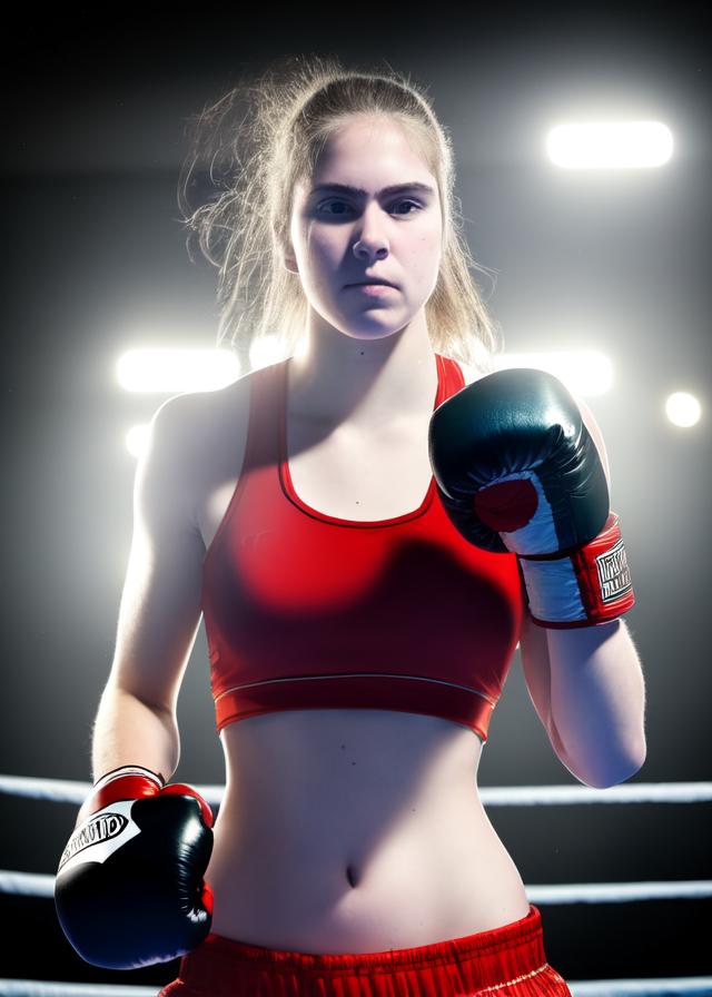 Artificial Intelligence (AI) generated image art, ..., close-up, as a boxer, holding up boxing gloves, epic lighting, cinematic, with a boxing ring in the background