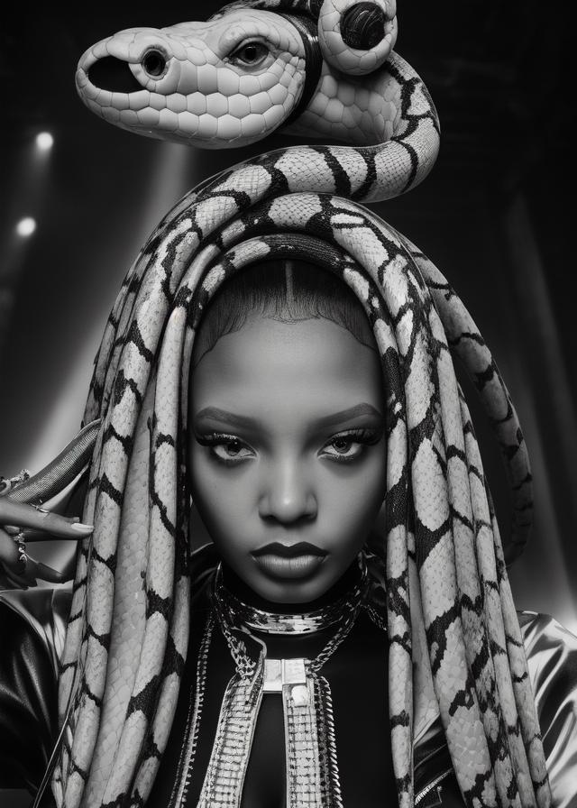 Artificial Intelligence (AI) generated image art, ..., fashion photography of ..., with the head of a snake, wearing futuristic hiphop fashion, inside berghain, futuristic fashion, photo 3 5 mm leica, hyperdetail, 8 k, very detailed, black and white