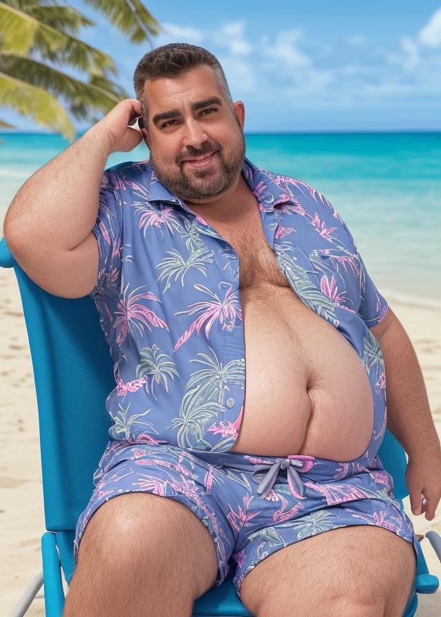 Artificial Intelligence (AI) generated image art, Make a full body view picture of ... as a ((very fat)) ((350 kilogram)) ((mega chub)), sitting on a beach chair at the beach in Hawaiian print board shorts and an open button up Hawaiian print shirt. photorealistic, 4k, highly detailed, sharp focus, ultrarealistic uhd faces, 85mm, natural sun light,