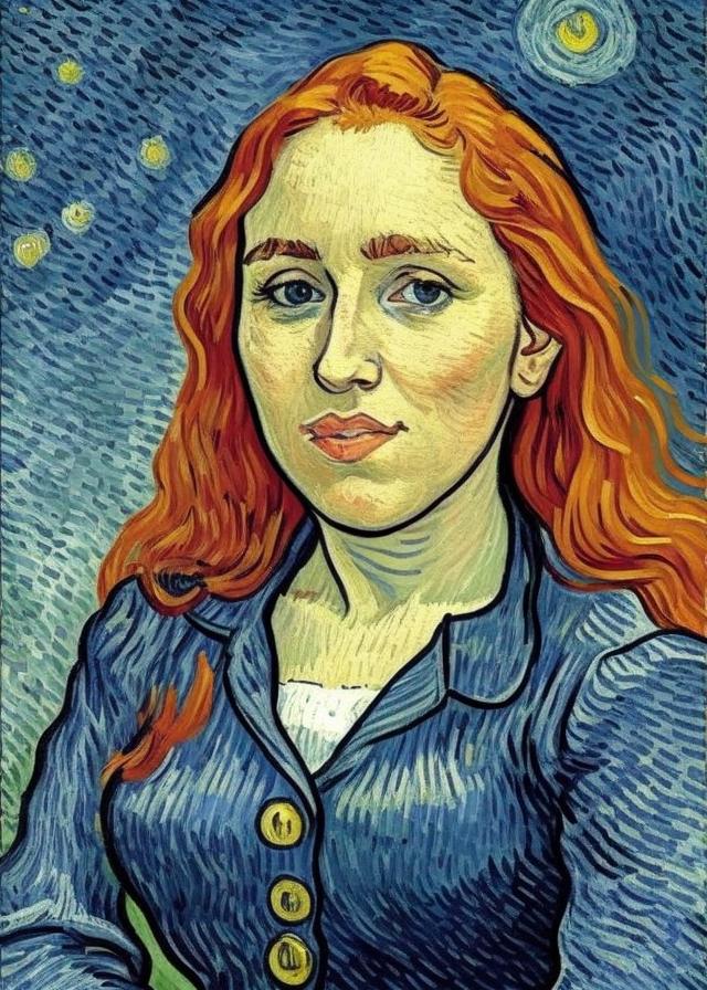 Artificial Intelligence (AI) generated image art, (...), portrait by Vincent van Gogh, redheaded, painting, Vincent van Gogh style painting, Vincent van Gogh painting, The Starry Night