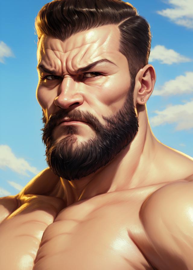 Artificial Intelligence (AI) generated image art, An anime portrait of (...) as Sagat from street fighter, by Stanley Artgerm Lau, WLOP, Rossdraws, James Jean, Andrei Riabovitchev, Marc Simonetti, and Sakimichan, highly detailed, ultra detailed, golden hour, trending on artstation, cgstudio