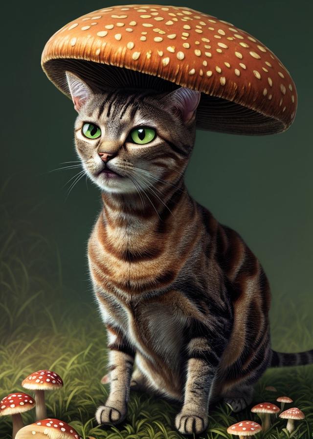 Artificial Intelligence (AI) generated image art, ..., An epic fantasy comic book style portrait painting of an extremely cute and adorable very beautiful mushroom cat, character design by Mark Ryden and Pixar and Hayao Miyazaki, unreal 5, DAZ, hyperrealistic, octane render, cosplay, RPG portrait, dynamic lighting, intricate detail, harvest fall vibrancy, cinematic