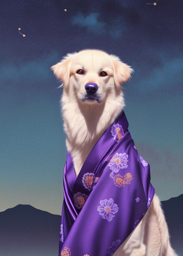 Artificial Intelligence (AI) generated image art, cute anthropomorphic samurai (...) in a colorful kimono, starry sky background, blue hour with purple tint, art by greg rutkowski, portrait, well lit subject