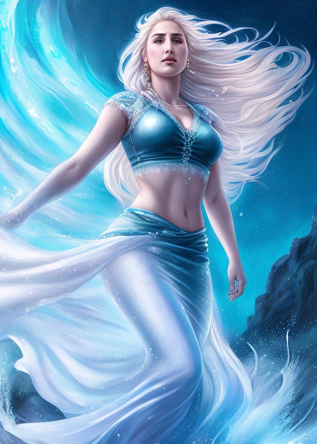 Artificial Intelligence (AI) generated image art, ..., majestic ice goddess with frozen body and flowing long hair rising from the sea, ((torso)), by Charlie Bowater and Zeen Chin and Terada Katsuya, epic scene, epic light, fractal background, intricate and delicate details, hyper realistic, cool and icy coloring, art station, masterpiece, 4k
