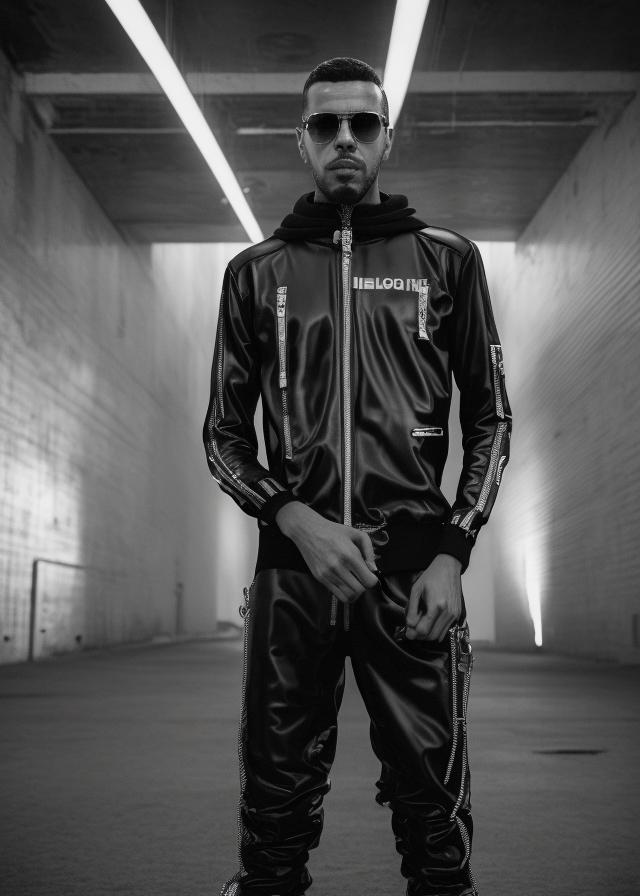 Artificial Intelligence (AI) generated image art, fashion photography of ..., wearing futuristic hiphop fashion, inside berghain, futuristic fashion, photo 3 5 mm leica, hyperdetail, 8 k, very detailed, black and white