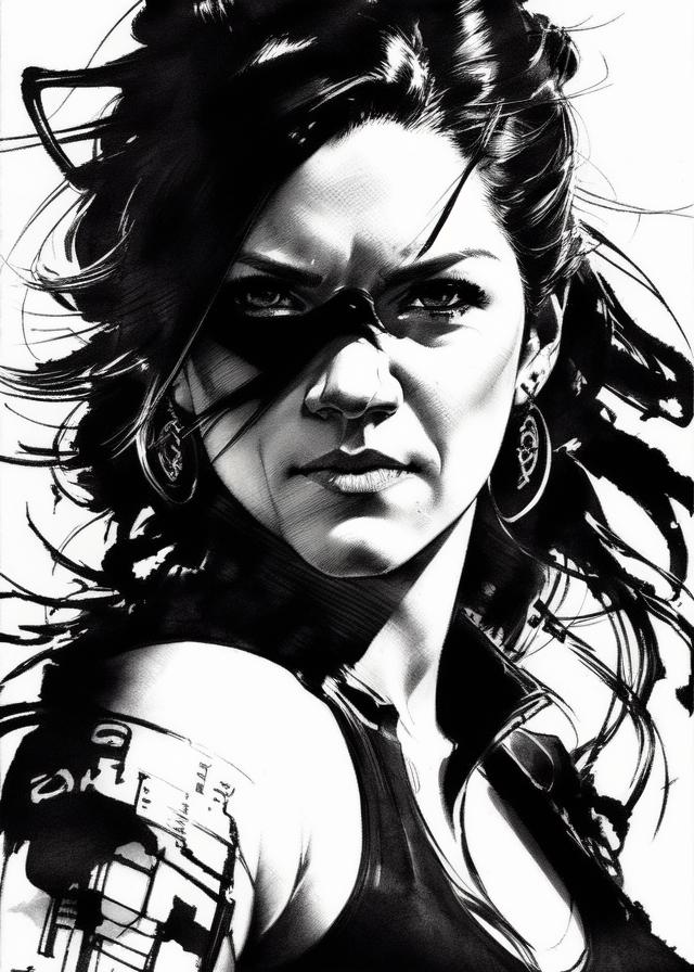Artificial Intelligence (AI) generated image art, ..., yoji shinkawa, b&w, pencil drawing, ink, manga, concept art, black and red ink