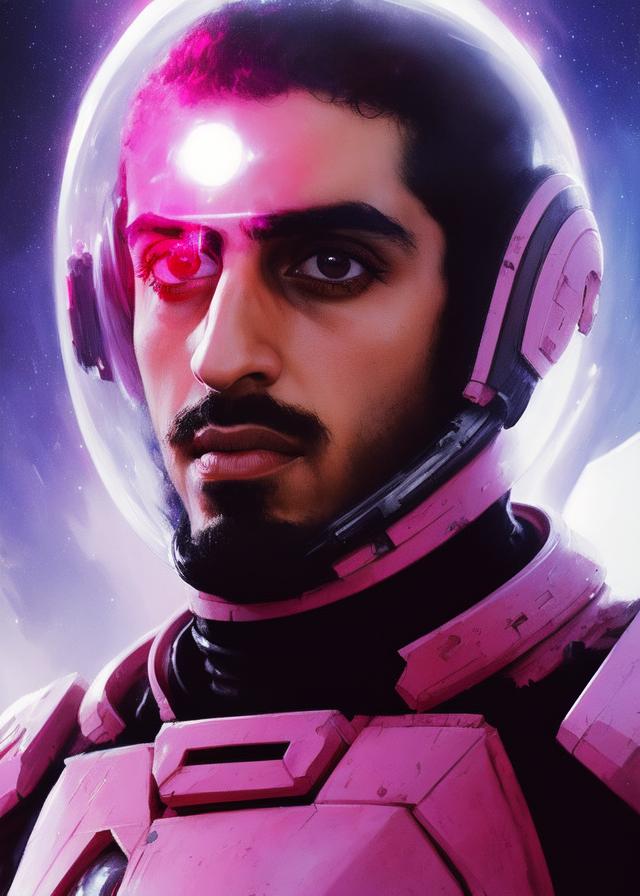 Artificial Intelligence (AI) generated image art, ..., (portrait), pink, space soldier, (((one person))), on alien planet, concept art, by Greg Rutkowski, highly detailed, close up, epic