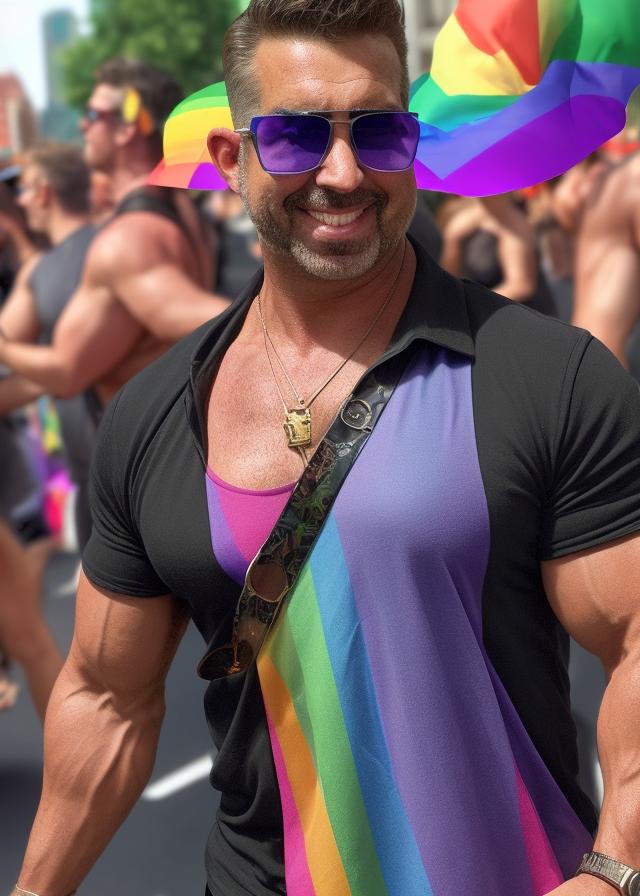 Artificial Intelligence (AI) generated image art, ... as a bodybuilder, at a gay pride parade, in sunglasses, digital art by Greg Rutkowski, portrait