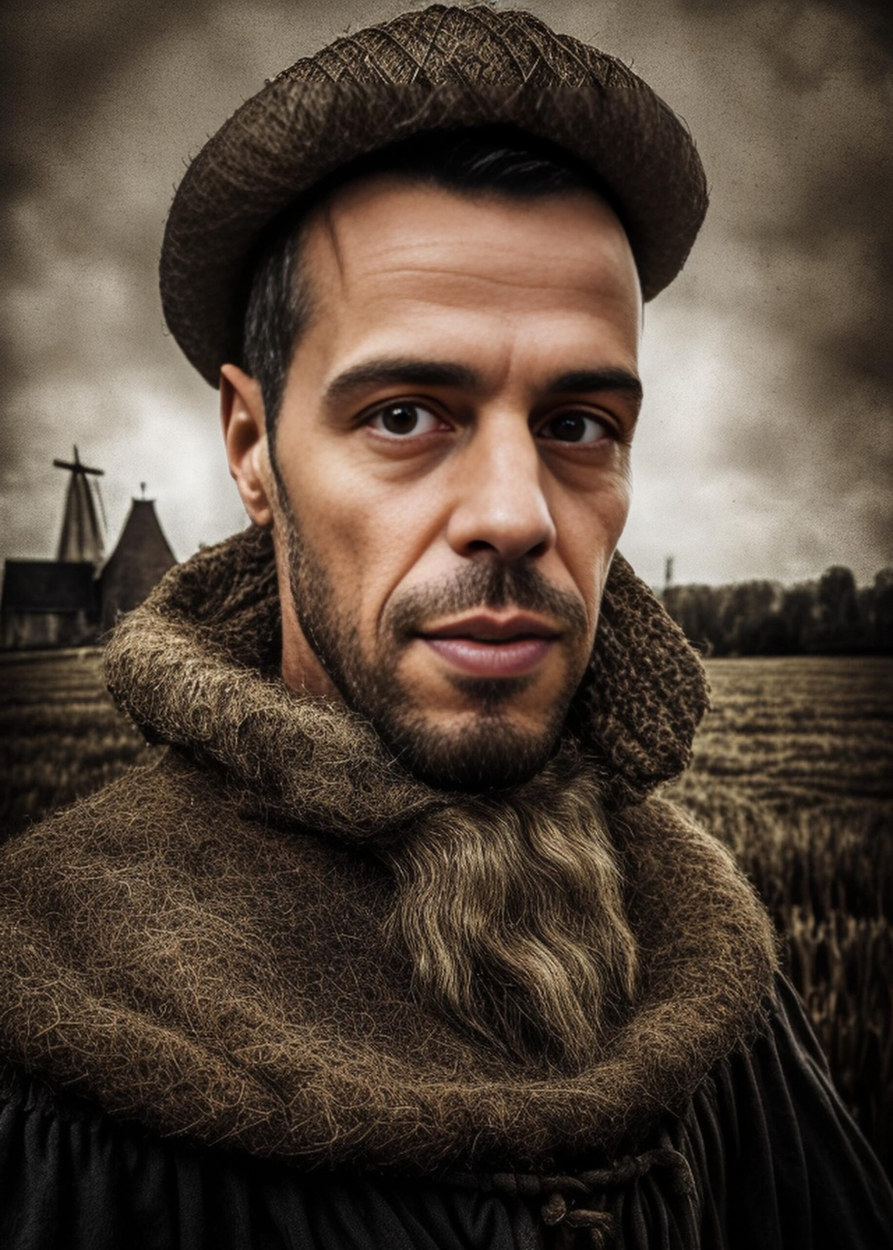 Artificial Intelligence (AI) generated image art, (portrait) of ... as Holland peasant, poor ambiance, (realistic face features) detailed eyes, (dark mysterious light) (old atmosphere) (fields on the background, 1600 year)