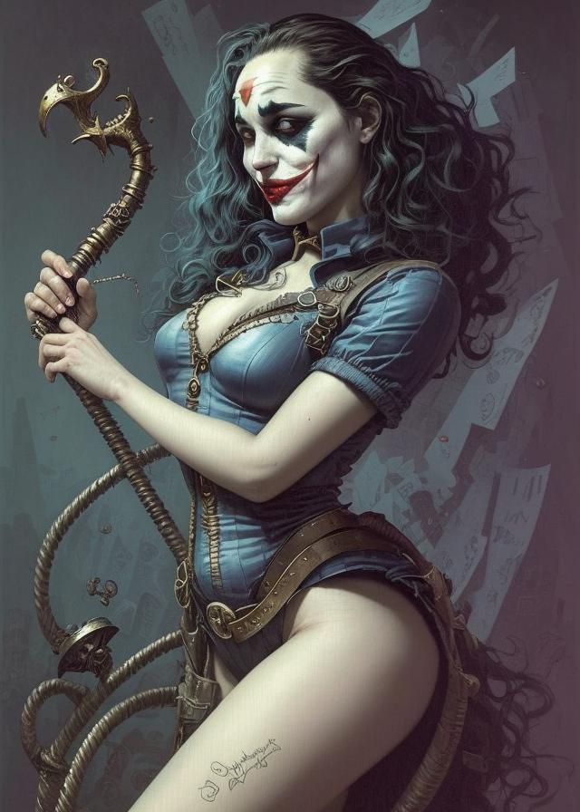 Artificial Intelligence (AI) generated image art, ... as the Joker, mental breakdown, intricate, elegant, wavy, zig zag, jagged, varnished, rgb crt scanlines, highly detailed, smooth, sharp focus, award - winning, masterpiece, in the style of tom bagshaw, cedric peyravernay, peter mohrbacher, pinterest