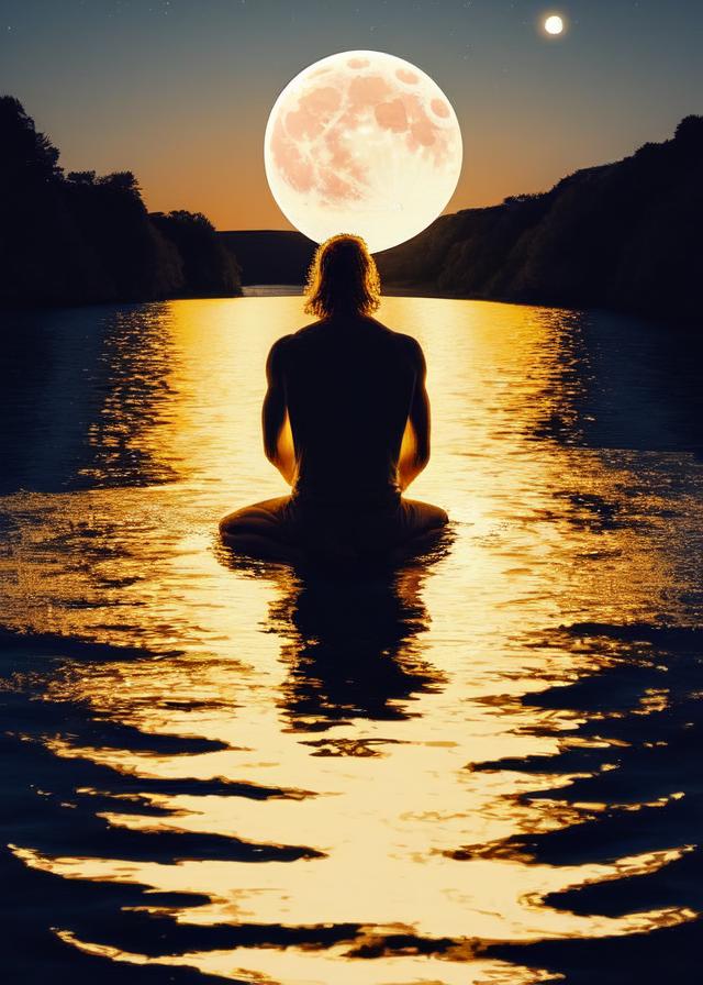 Artificial Intelligence (AI) generated image art, beautiful golden image of ... sitting in water with bright full moon hanging in the sky, in the style of mesmerizing optical illusions, sketchfab