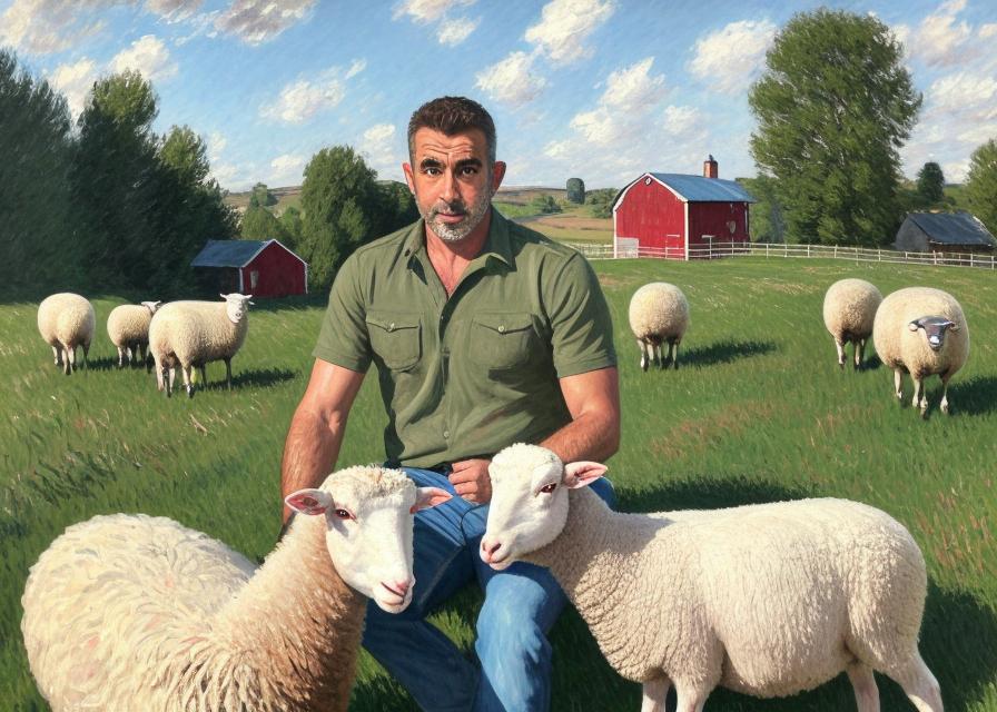 Artificial Intelligence (AI) generated image art, ..., portrait, James Bond, on a farm with sheep, painting, dad bod build, by Claude Monet