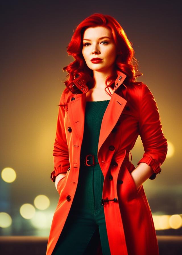 Artificial Intelligence (AI) generated image art, ..., realistic portrait, woman with auburn hair, bright, ((nighttime)), ((dark lighting)), ((london background)), ((bokeh background)), ((red trench coat))