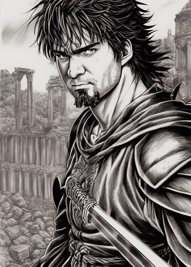 Artificial Intelligence (AI) generated image art, (((...))) with dragon slayer sword, (Kentaro Miura manga book style), illustration, Berserk manga artstyle, manga, portrait, close up, fantasy, landscape, face, ancient ruins background