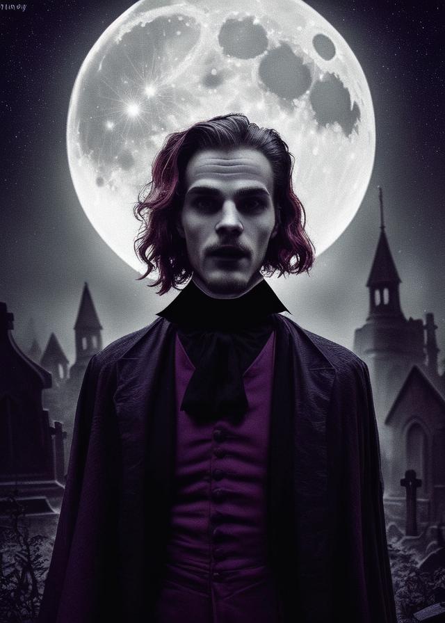 Artificial Intelligence (AI) generated image art, ... Count Dracula in a graveyard at night, Foggy with moon light, (style of Dan Mumford), vibrant colors, (gloomy illumination, insane, stunning, dramatic, completed artwork) , masterpiece, best quality, intricated details, UHD, HDR10, 8k,