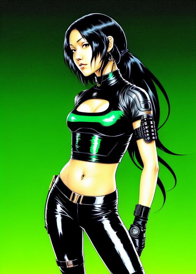 Artificial Intelligence (AI) generated image art, ..., art by Katsuhiro Otomo, snake girl, black hair with green at the ends, (Gradient theme), cyberpunk style, minimalism art, Brocore, epic fantasy, minimalism, minimalist