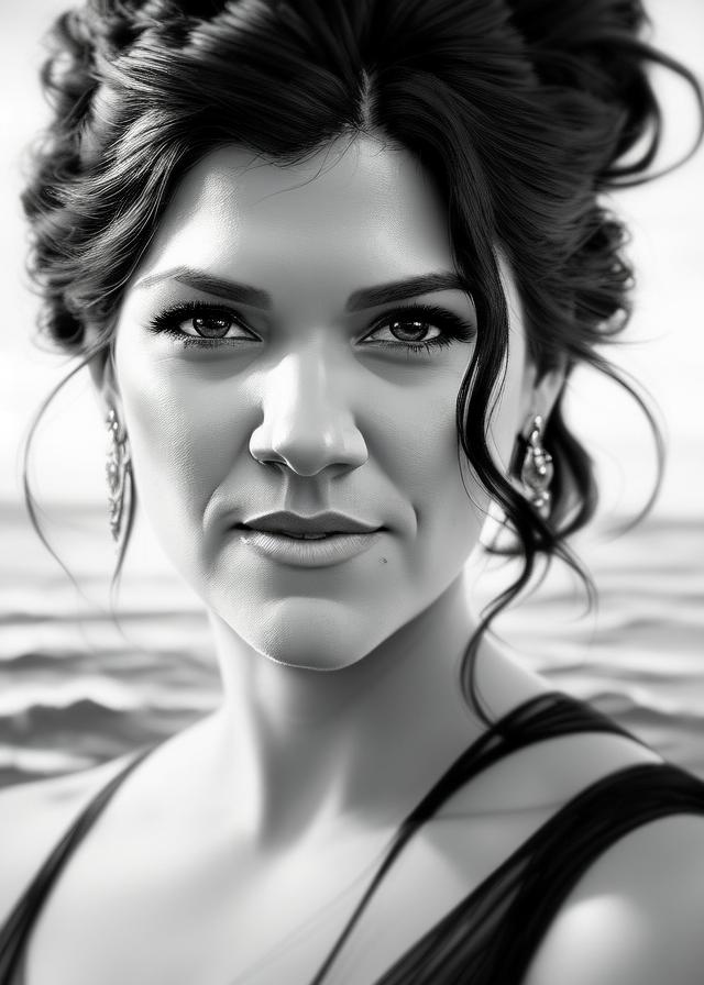 Artificial Intelligence (AI) generated image art, photo of beautiful ..., b&w, 1900 photograph, vintage, portrait, ((photorealistic)), sea in background, art by artgerm, contrast