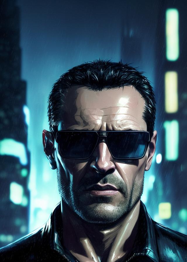 Artificial Intelligence (AI) generated image art, night portrait, ((dark lighting)), (urban background), photorealistic, cinematic,  highly detailed, sharp focus (((75 kilogram))), (((fit body))), (((healthy)) (( 40 years old)) wearing sunglasses and a black unbuttoned shirt, highly detailed, UHD, 8K, Ghost in the shell, Blade Runner, Trending on artstation, bokh, dof\"