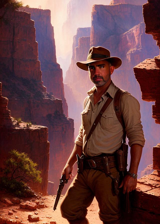 Artificial Intelligence (AI) generated image art, ((...)) as Indiana Jones, portrait, Grand Canyon background, epic, cinematic lighting, 4k, sharp focus, art by greg rutkowski