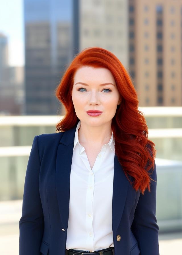 Artificial Intelligence (AI) generated image art, ..., closeup, woman with auburn hair, (bright lighting), corporate, (cityscape background), (daytime), (mid afternoon), navy blazer, business casual, slight smile, mouth closed, confident, professional