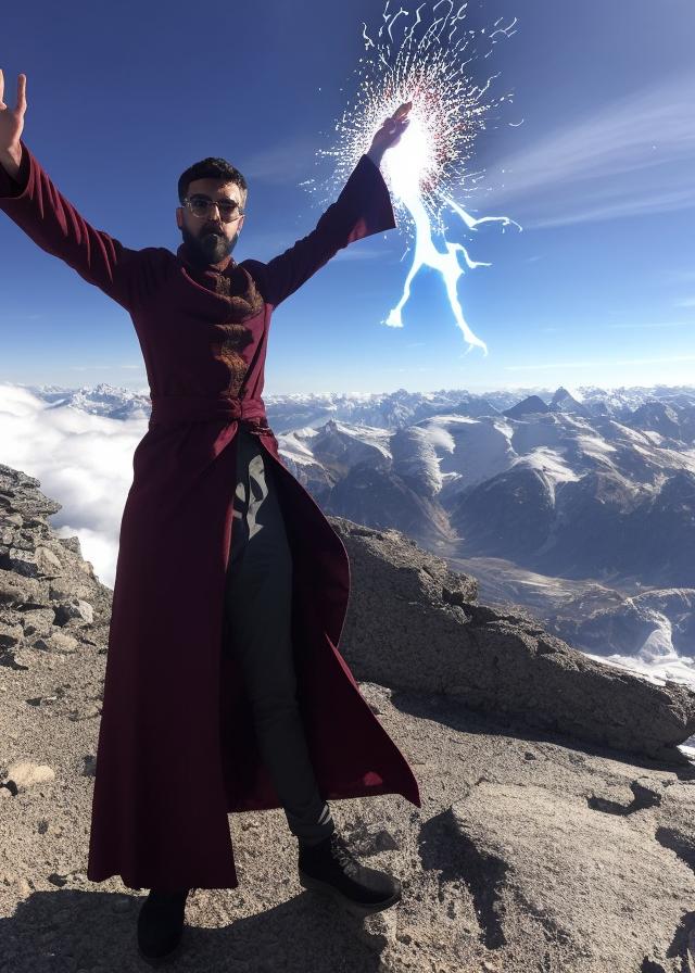 Artificial Intelligence (AI) generated image art, ..., powerful furious magician with a robe, shooting ice and fire from his hands, on a mountain peak