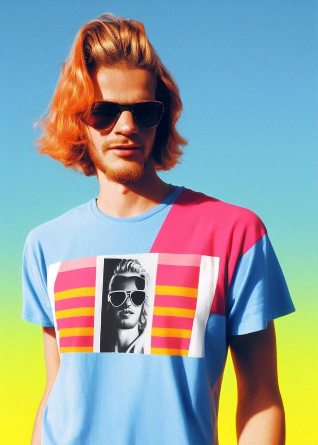 Artificial Intelligence (AI) generated image art, ..., 80s retro t-shirt design graphic of a synth wave banana wearing sunglasses in front of a minimalist sunset with a contour and dark background