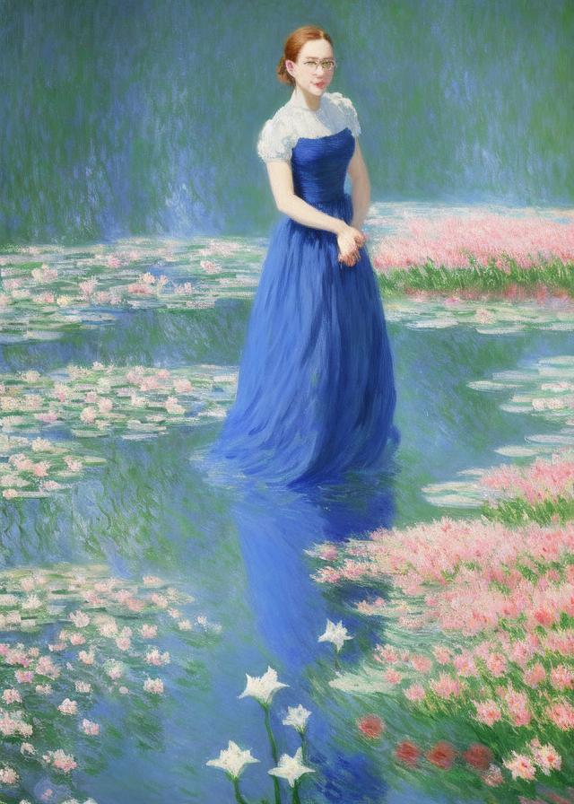 Artificial Intelligence (AI) generated image art, ..., a painting by Claude Monet , water lilys, blue dress