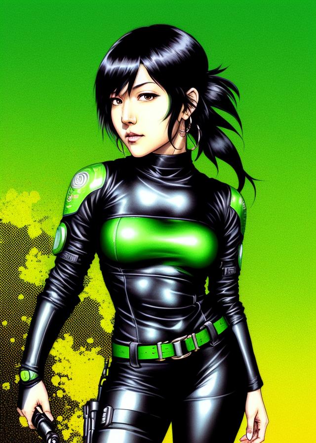 Artificial Intelligence (AI) generated image art, ..., art by Katsuhiro Otomo, snake girl, black hair with green at the ends, (Gradient theme), cyberpunk style, minimalism art, Brocore, epic fantasy, minimalism, minimalist