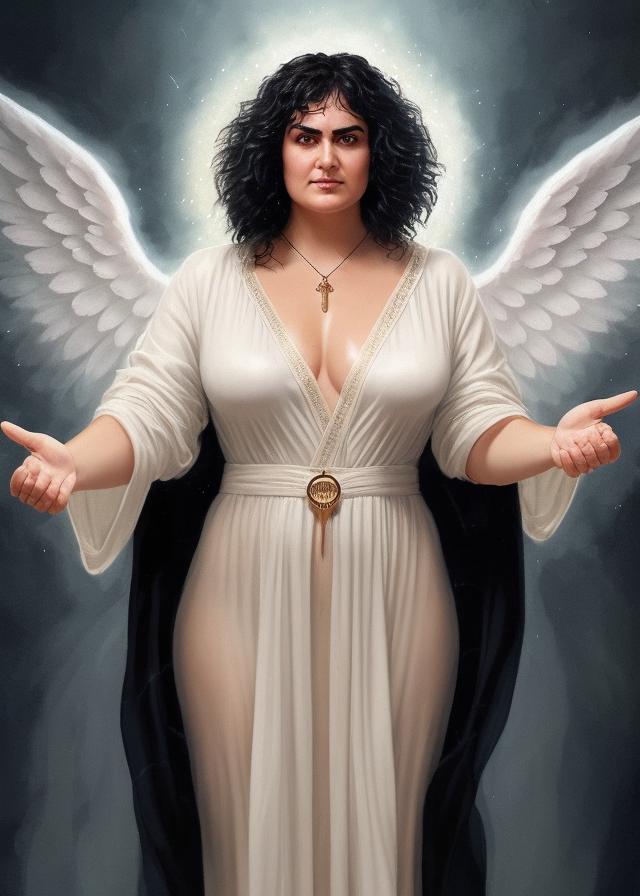 Artificial Intelligence (AI) generated image art, ... as an angel in robes, portrait, art by greg rutkowski, beautiful clear face, two symmetrical wings, 8k, feminine, four fingers and a thumb on each hand