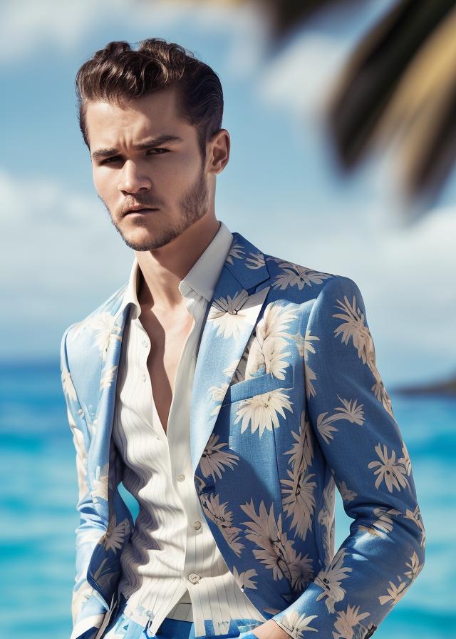 Artificial Intelligence (AI) generated image art, ..., portrait, in hawaii, Shot on Hasselblad H6D-400c lens, copy Sisley Spring  Summer 2014 campaign session with more of a vogue or fancy gentleman style clothes, ultra high definition, ultra-realism, ultra realistic, young, handsome, gentleman