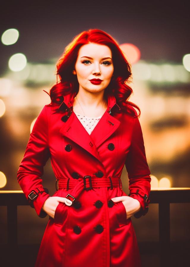 Artificial Intelligence (AI) generated image art, ..., realistic portrait, woman with auburn hair, bright, ((nighttime)), ((dark lighting)), ((london background)), ((bokeh background)), ((red trench coat))