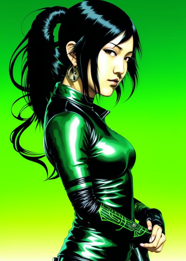 Artificial Intelligence (AI) generated image art, ..., art by Katsuhiro Otomo, snake girl, black hair with green at the ends, (Gradient theme), cyberpunk style, minimalism art, Brocore, epic fantasy, minimalism, minimalist