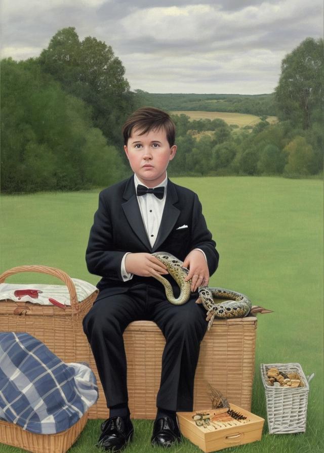 Artificial Intelligence (AI) generated image art, ..., as a young boy wearing a tuxedo, painting by mark dryden, holding a snake and sitting beside a picnic basket overflowing with bees